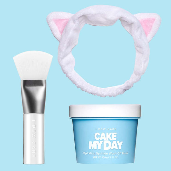 cake my day bundle - wash off mask - silicone mask brush - white cat headband