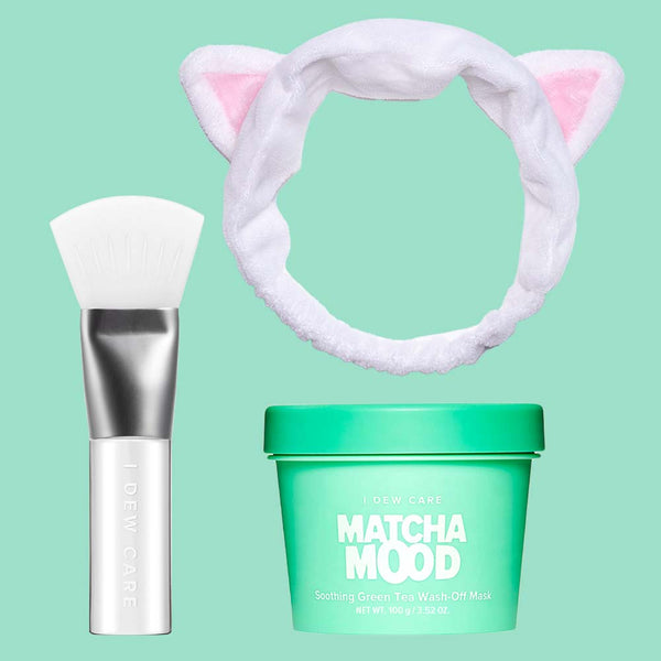 matcha mood bundle - wash off mask - silicone mask brush - white cat headband