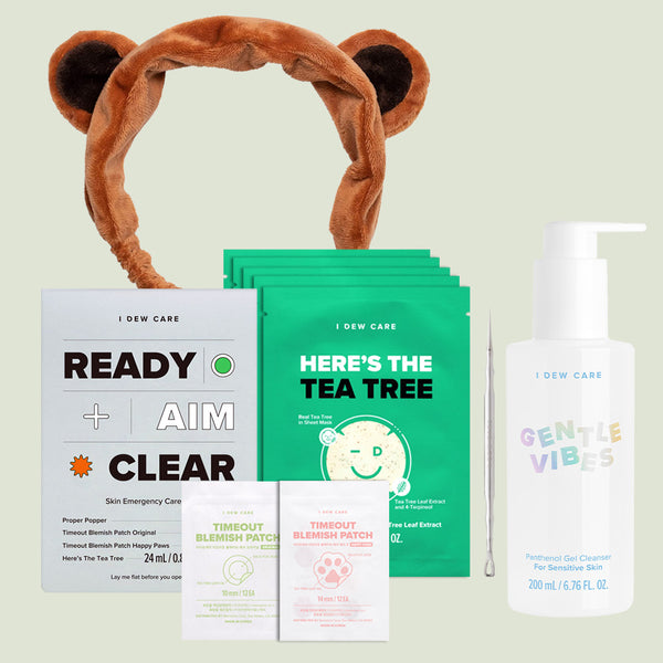 the clear kit - blemish patch - brown bear headband - tea tree mask - pimple popper - gentle vibes cleanser